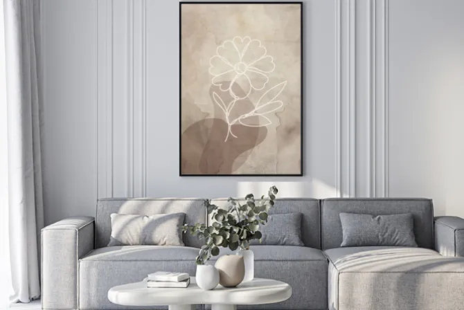 Plakat: Biały line art kwiat na abstrakcyjnym beżowym tle