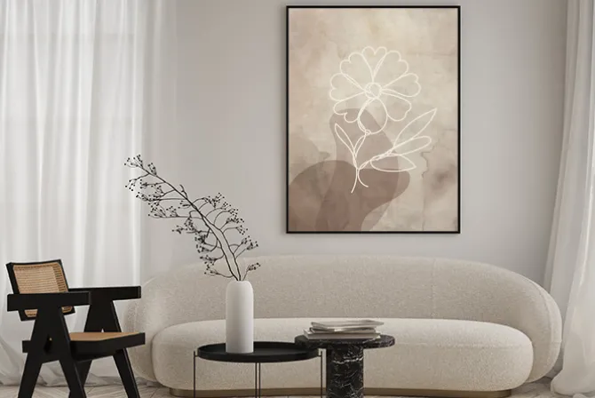 Plakat: Biały line art kwiat na abstrakcyjnym beżowym tle