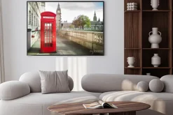 Plakat: Big ben i czerwona budka telefoniczna na pierwszym planie