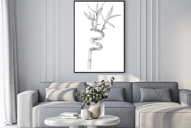 Plakat: Black ink dots drawing sketch of bamboo branch isolated on white