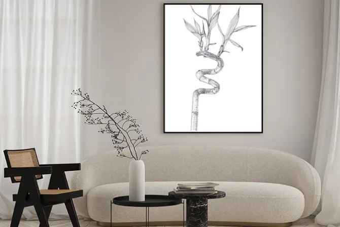 Plakat: Black ink dots drawing sketch of bamboo branch isolated on white