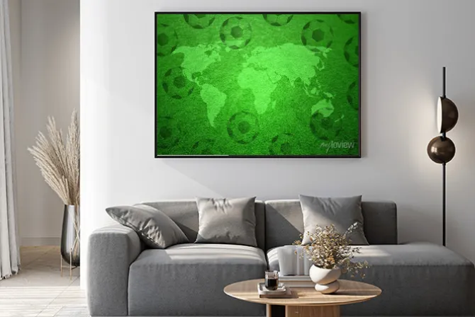 Plakat: Boisko do piłki nożnej trawy z mapy świata i piłki nożnej wzorca.