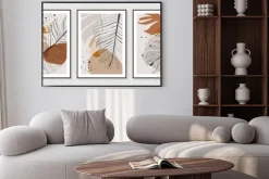 Plakat: Botanical wall art vector set. golden foliage line art drawing