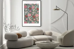 Plakat: Botaniczny motyw różowe i czerwone kwiaty w stylu william morris