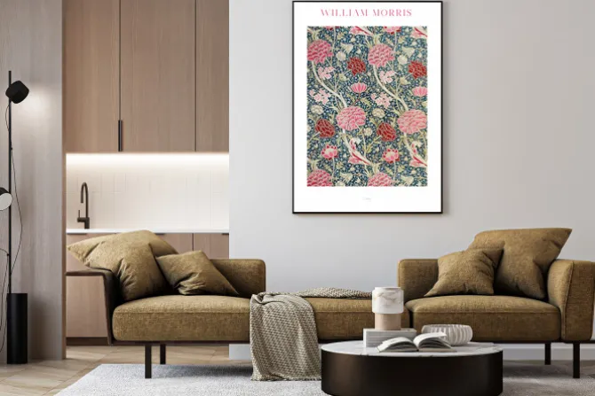 Plakat: Botaniczny motyw różowe i czerwone kwiaty w stylu william morris
