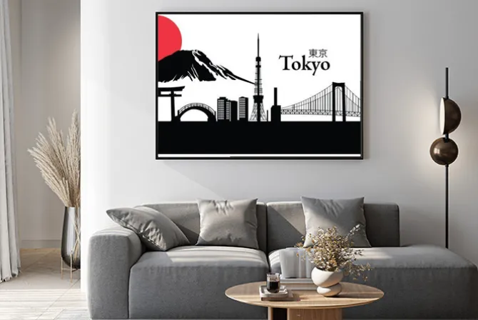 Plakat: Budynki tokio na tle fuji