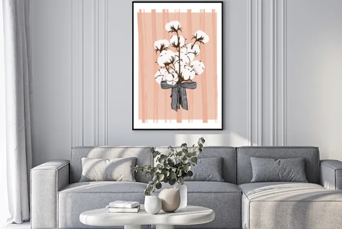 Plakat: Bukiet białych kwiatów na paskowanym tle