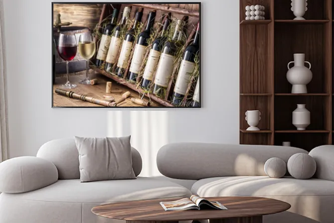 Plakat: Butelek wina na drewnianej półce.