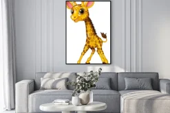 Plakat: Cartoon dziecko żyrafa samodzielnie na białym tle