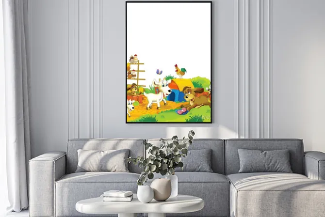 Plakat: Cartoon farm scene with animal goat having fun on white background