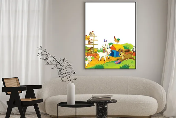 Plakat: Cartoon farm scene with animal goat having fun on white background