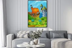 Plakat: Cartoon forest scene with prince and princess standing on path