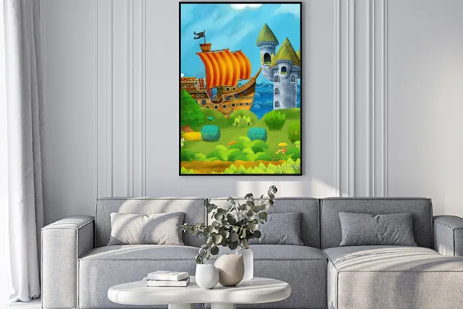 Plakat: Cartoon forest scene with prince and princess standing on path