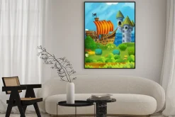 Plakat: Cartoon forest scene with prince and princess standing on path