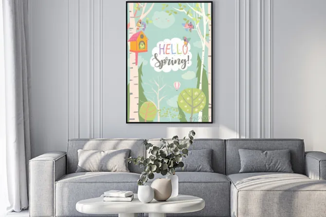 Plakat: Cartoon frame with spring forest and birds