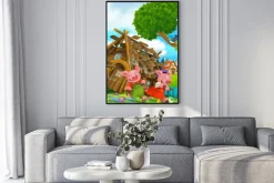 Plakat: Cartoon scena domu jest rozebrany - świnie działa - ilustracja