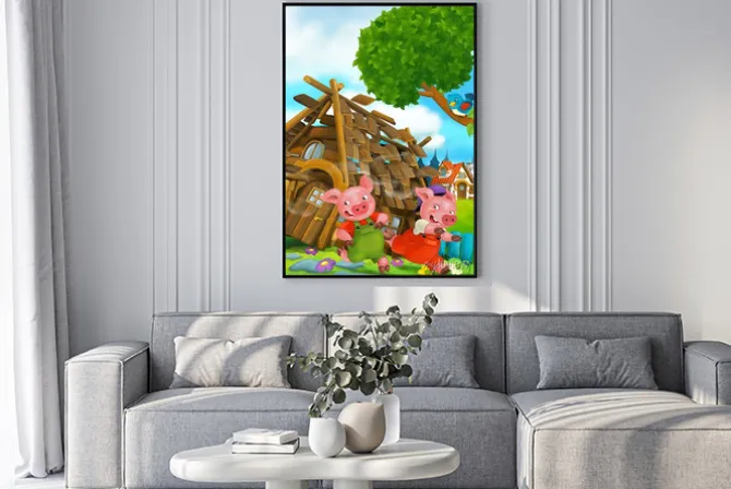 Plakat: Cartoon scena domu jest rozebrany - świnie działa - ilustracja