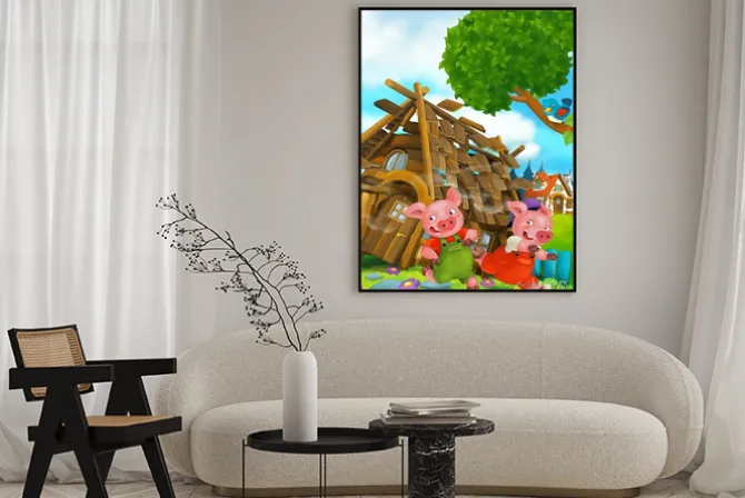 Plakat: Cartoon scena domu jest rozebrany - świnie działa - ilustracja