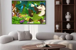 Plakat: Cartoon scena wilk machając na pożegnanie z dziewczyną w lesie