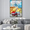 Plakat: Cartoon scene with fireman car vehicle near burning building