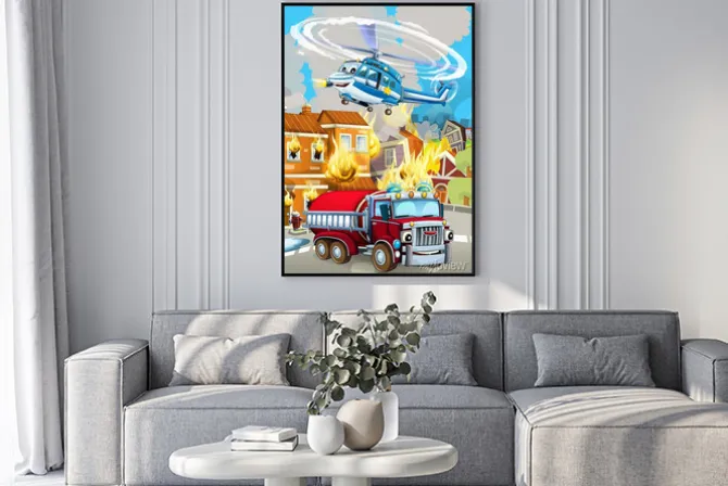 Plakat: Cartoon scene with fireman car vehicle near burning building