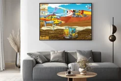 Plakat: Cartoon scene with industry cars on construction site and flying
