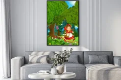 Plakat: Cartoon sceny na szczęśliwą kobietą wewnątrz kolorowych lasów