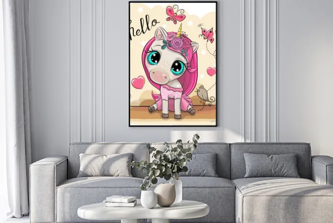 Plakat: Cartoon unicorn girl with flowers on a yellow background