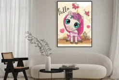 Plakat: Cartoon unicorn girl with flowers on a yellow background