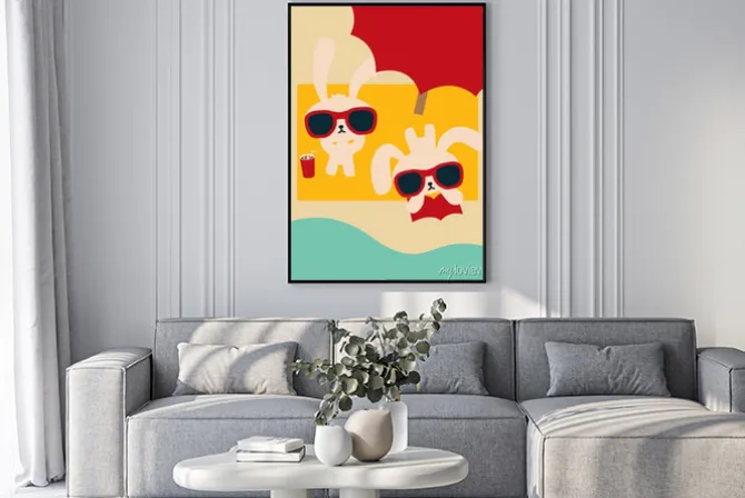 Plakat: Chic rabbit na plaży w summertime - plik vector eps10