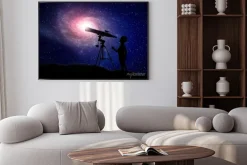 Plakat: Chłopiec patrząc przez teleskop