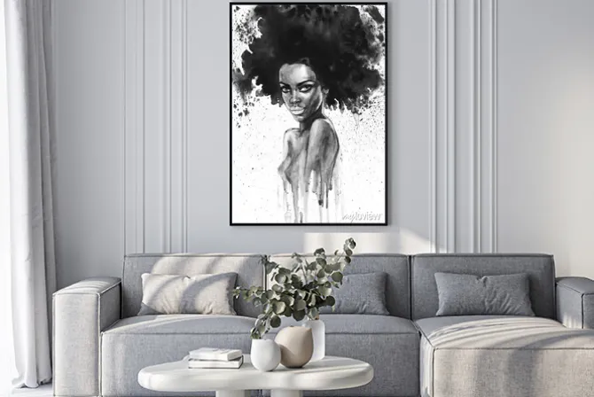 Plakat: Ciemnoskóra kobieta o bujnych włosach w stylu akwareli