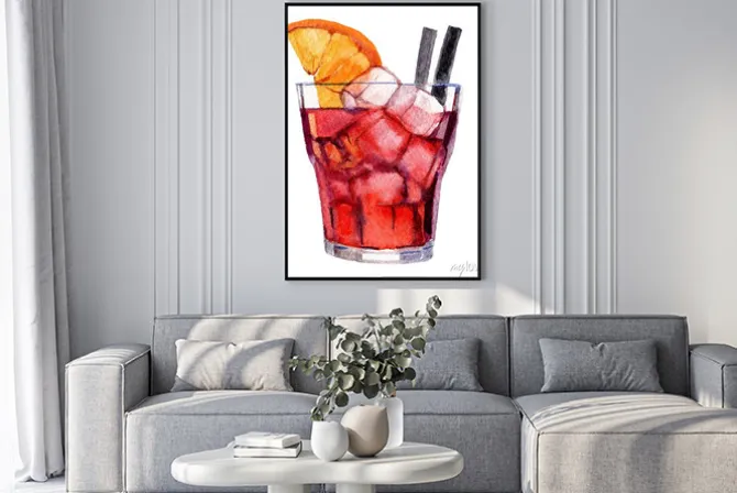 Plakat: Cocktail with ice and orange isolated on white background, watercolor