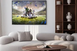 Plakat: Collage adult soccer players in action on stadium panorama