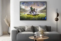 Plakat: Collage adult soccer players in action on stadium panorama