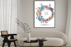 Plakat: Colorful music background with clef and notes, music sheet in