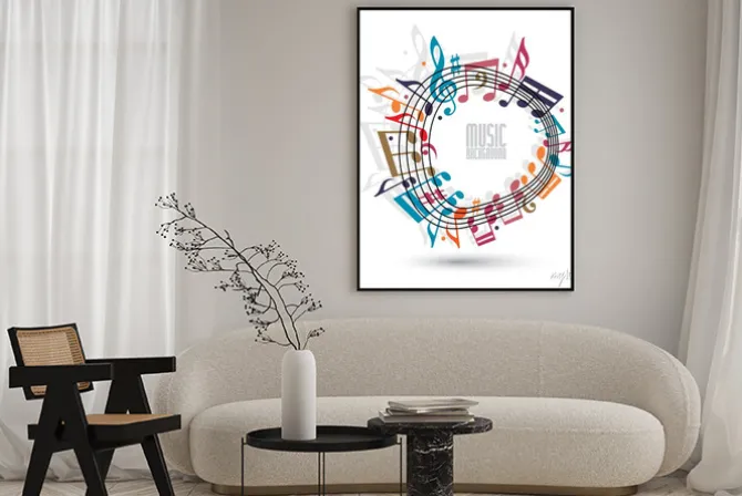 Plakat: Colorful music background with clef and notes, music sheet in