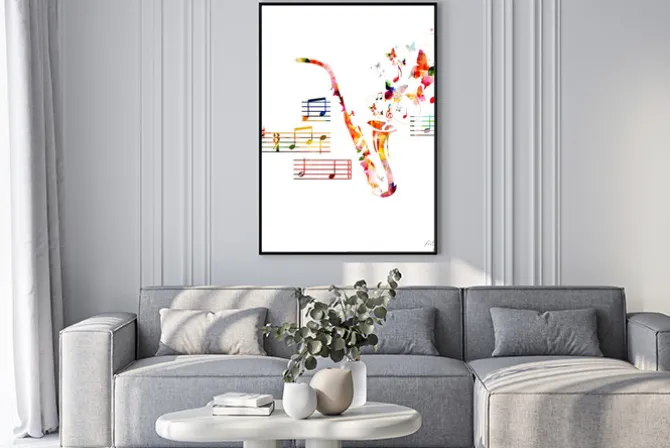 Plakat: Colorful saxophone design with butterflies