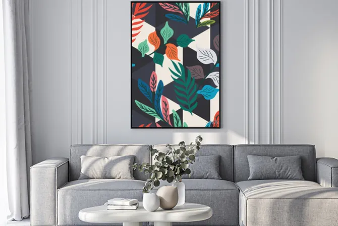 Plakat: Colorful tropical leaf, fern, and geometric hexagon diamond triangle