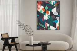 Plakat: Colorful tropical leaf, fern, and geometric hexagon diamond triangle