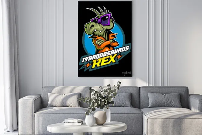 Plakat: Comic book, cartoon style tyrannosaurus in the leather jacket