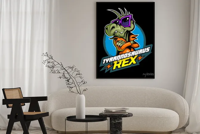Plakat: Comic book, cartoon style tyrannosaurus in the leather jacket