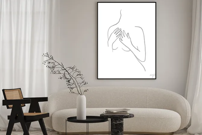 Plakat: Continuous line, drawing of woman body with hand, fashion concept,
