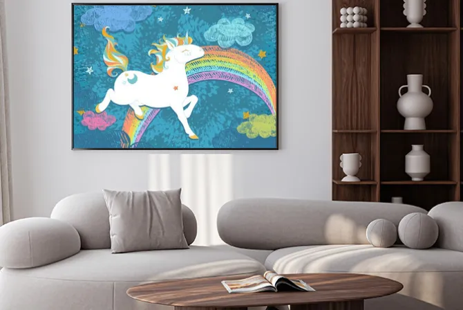 Plakat: Cute baby unicorn. kolorowe nocne niebo z tęczy, gwiazdy, chmury,