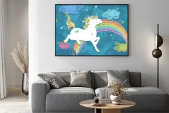Plakat: Cute baby unicorn. kolorowe nocne niebo z tęczy, gwiazdy, chmury,