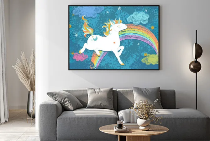 Plakat: Cute baby unicorn. kolorowe nocne niebo z tęczy, gwiazdy, chmury,