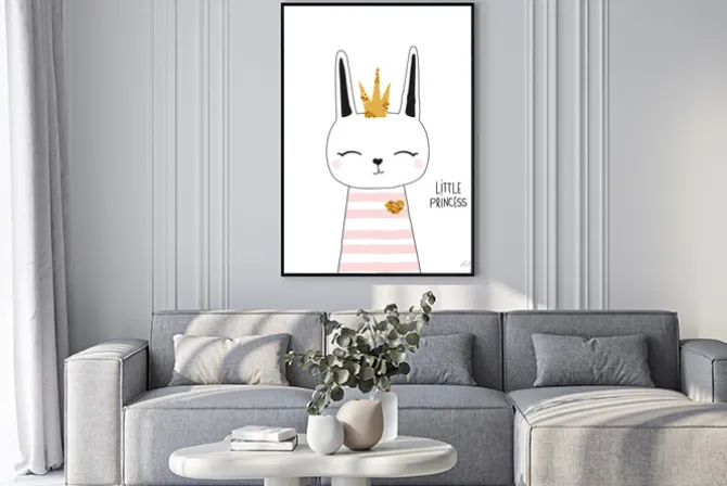 Plakat: Cute bunny princess with gold crown. kids trendy graphic. vector
