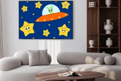 Plakat: Cute cartoon cudzoziemca ufo w przestrzeni z słodkim piękne stars