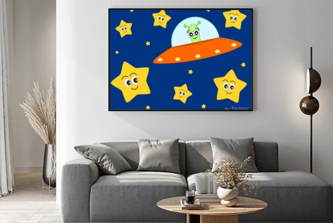 Plakat: Cute cartoon cudzoziemca ufo w przestrzeni z słodkim piękne stars
