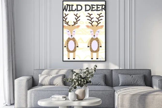 Plakat: Cute cartoon deer. composition with folk art animals and floral